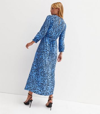 Blue Animal Print Puff Sleeve Midi Wrap 