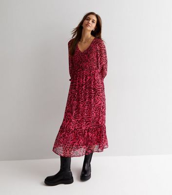 Pink Animal Print Chiffon Shirred V Neck Midi Dress