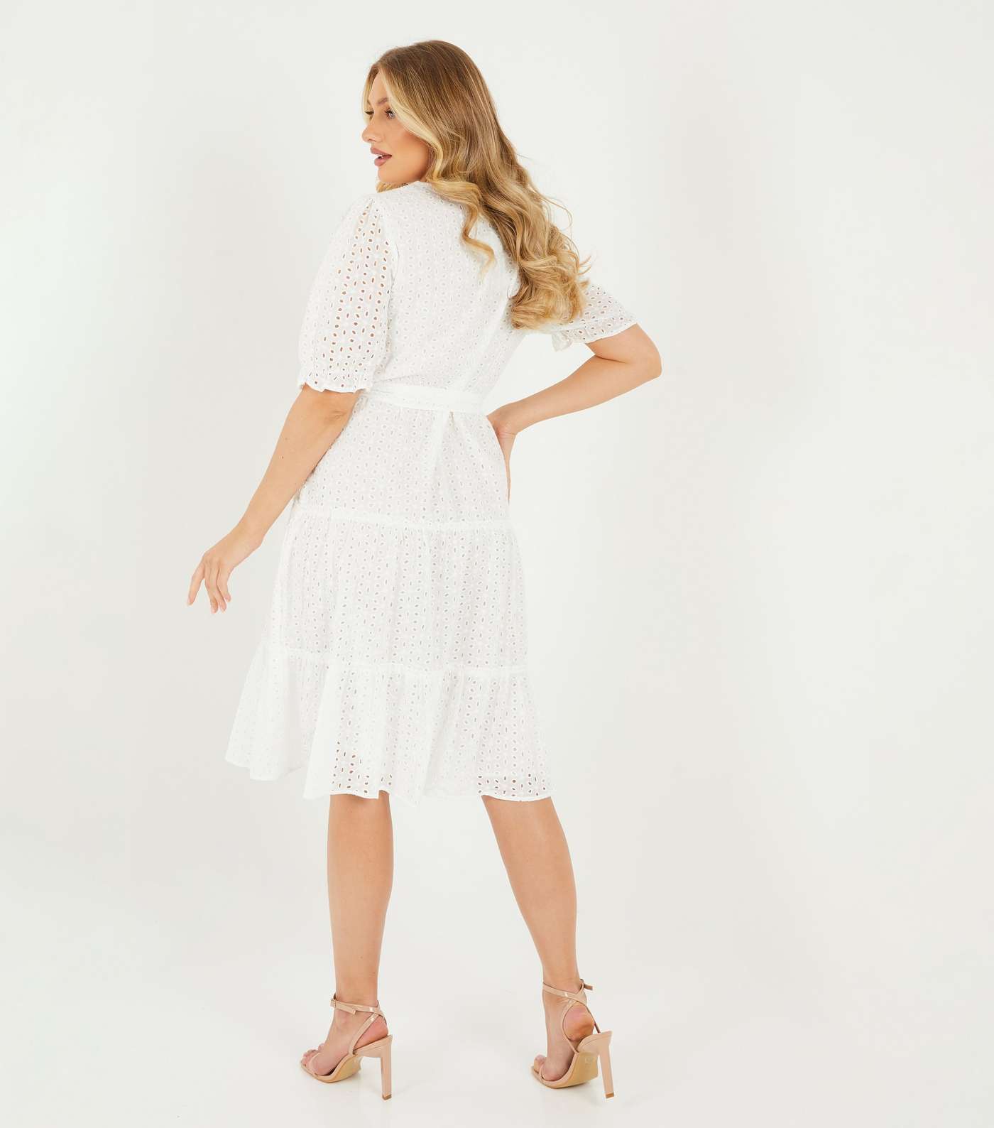 QUIZ White Broderie Tiered Midi Wrap Dress Image 3