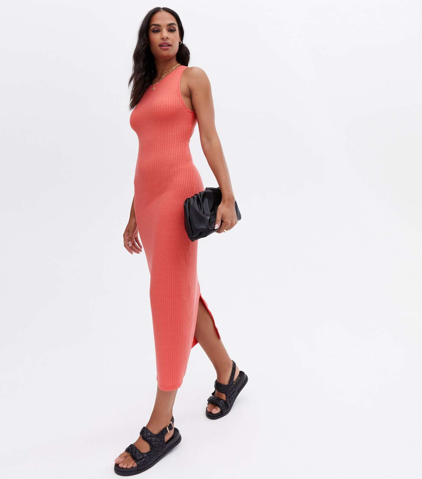 Mid Pink Ribbed Cross Back Midaxi Bodycon Dress