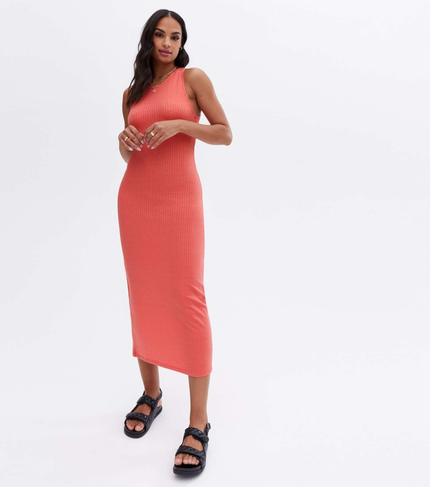 Mid Pink Ribbed Cross Back Midaxi Bodycon Dress Image 3