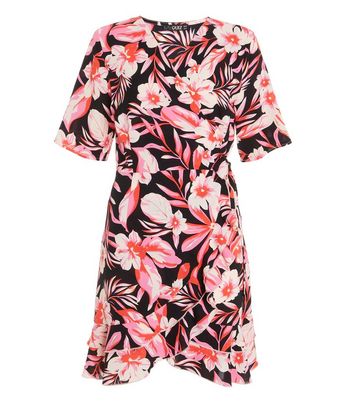 shop for QUIZ Pink Tropical Mini Wrap Skater Dress New Look at Shopo