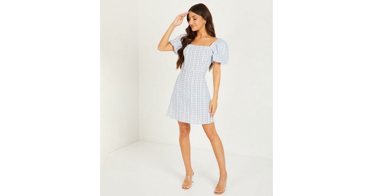 QUIZ Pale Blue Gingham Embroidered Skater Dress New Look