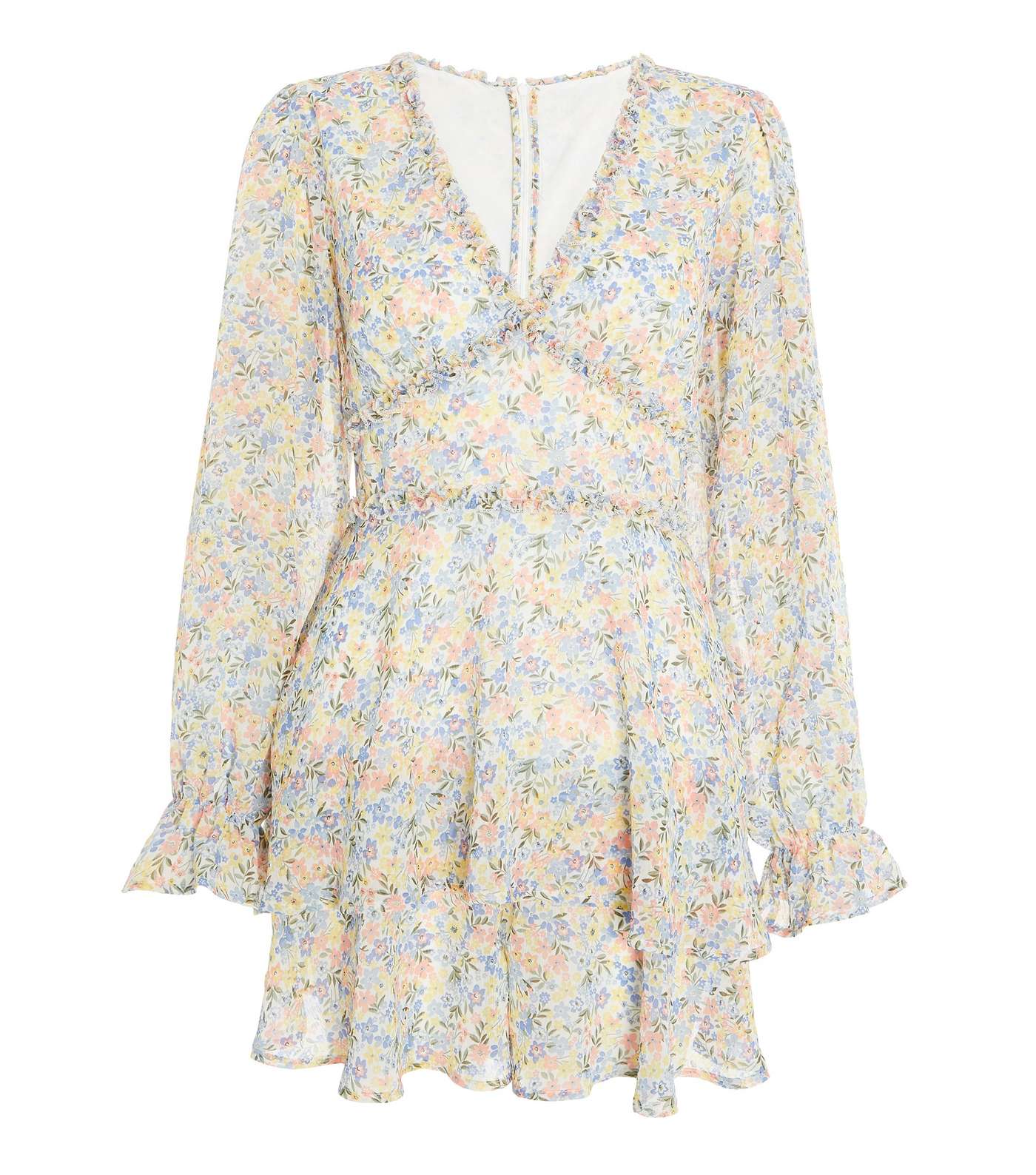 QUIZ White Ditsy Floral Print Tiered Frill Playsuit Image 4
