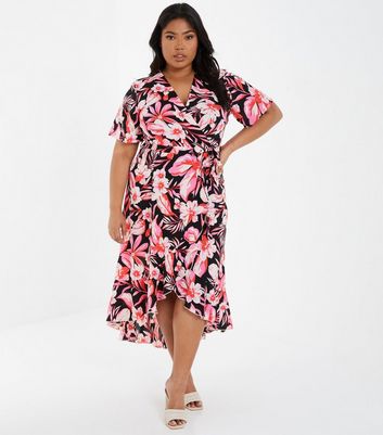 shop for QUIZ Curves Pink Tropical Midi Wrap Dress New Look at Shopo