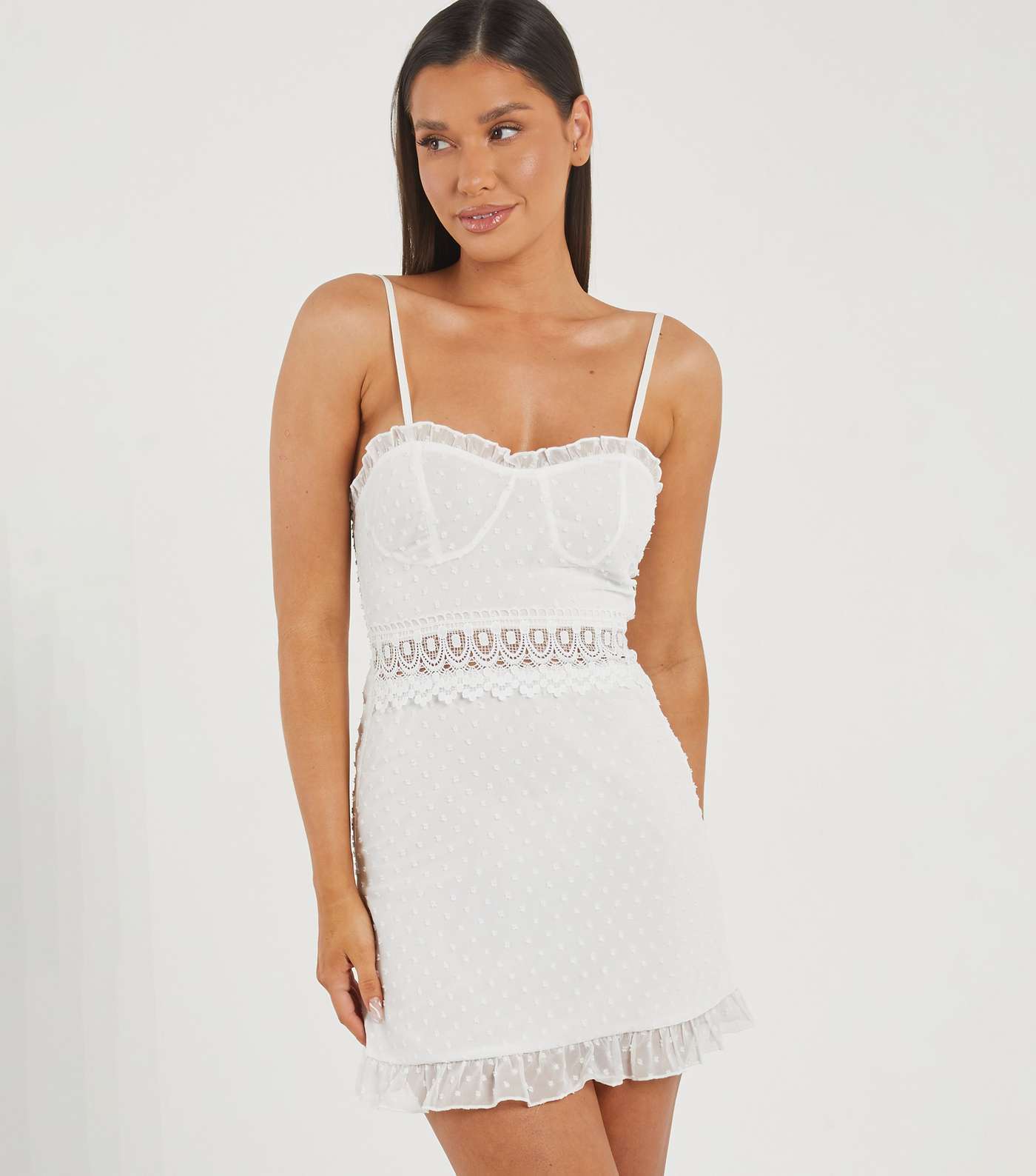 QUIZ White Strappy Lace Trim Mini Skater Dress