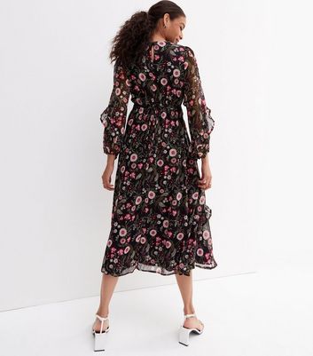 black floral chiffon midi dress