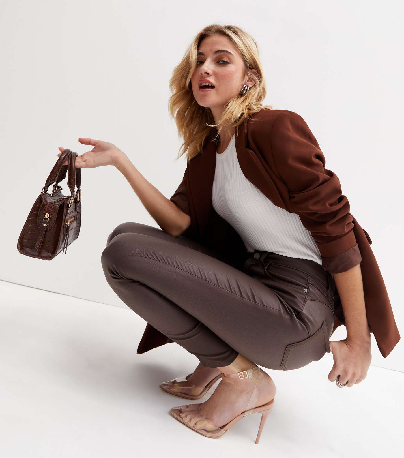 Dark Brown Coated Leather-Look Lift & Shape Jenna Skinny Jeans Image 2