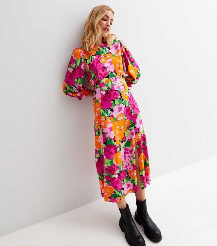 puff sleeve split hem midi dress AX Paris Purple Violet Ditsy Floral Print Puff Sleeve Split Midi Dress size 12