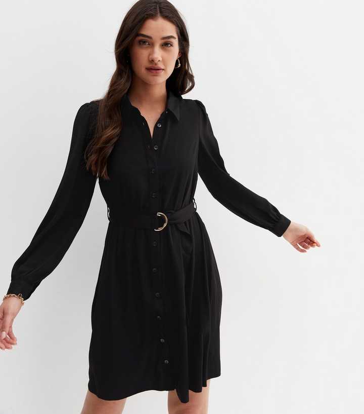 Black Belted Long Sleeve Mini Shirt Dress | New Look