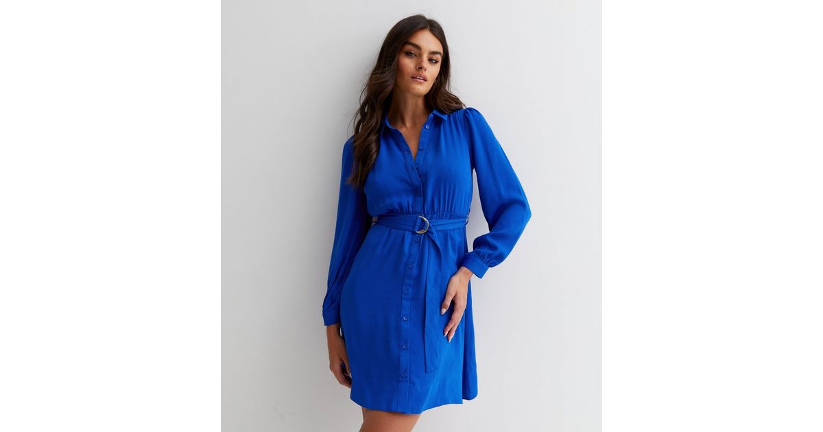 Blue Belted Long Sleeve Mini Shirt Dress New Look