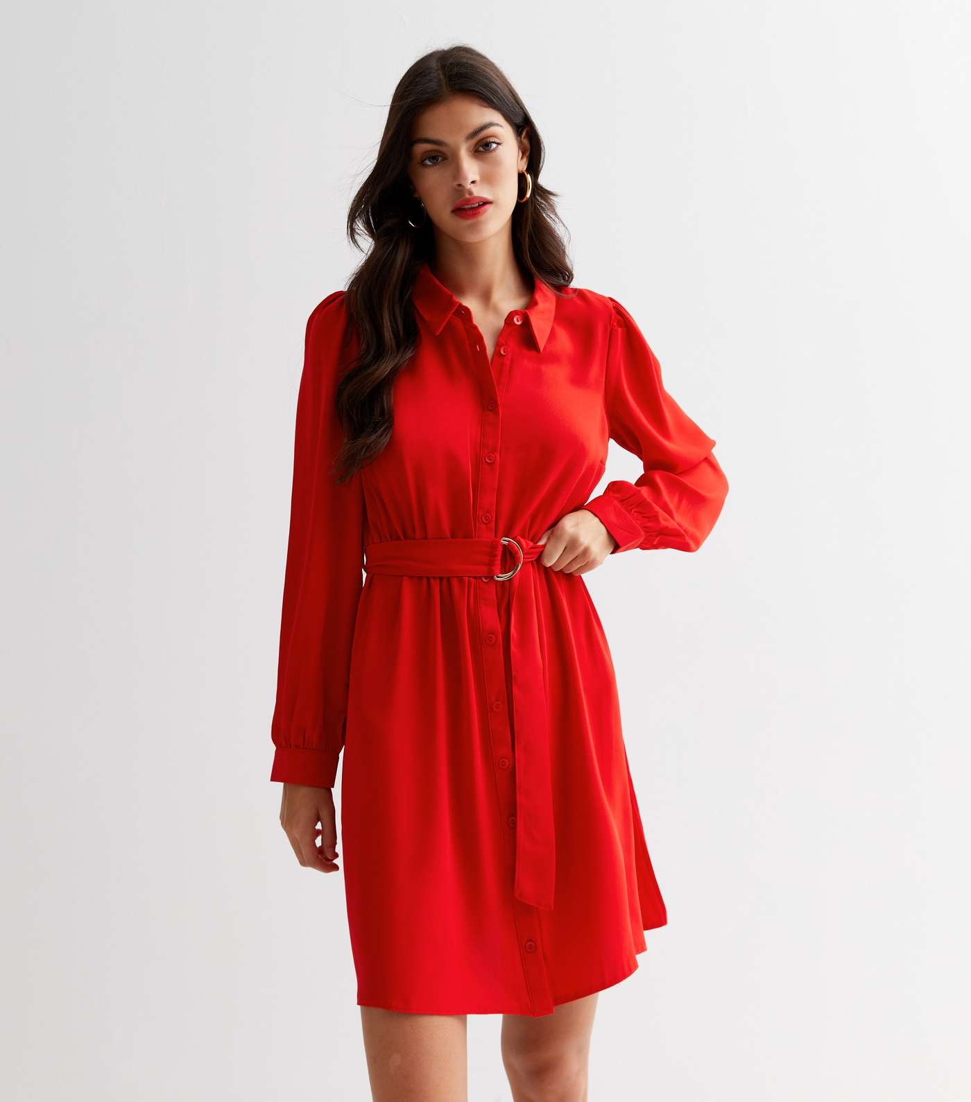 Red Belted Long Sleeve Mini Shirt Dress Image 2