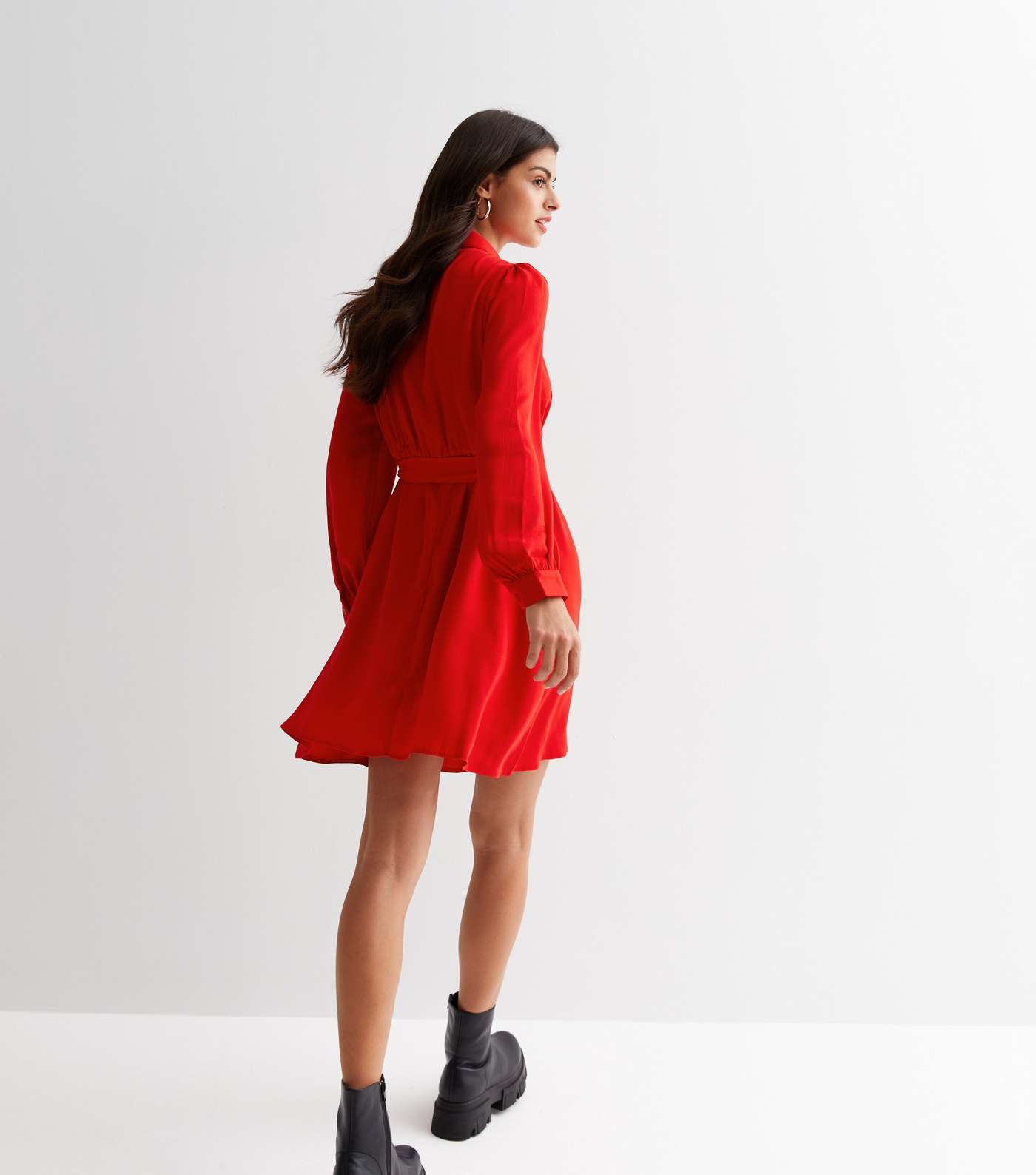 Red Belted Long Sleeve Mini Shirt Dress Image 4