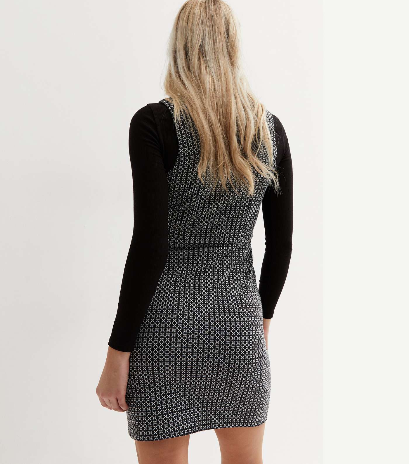 Black Geometric Pointelle Mini Pinafore Dress Image 4