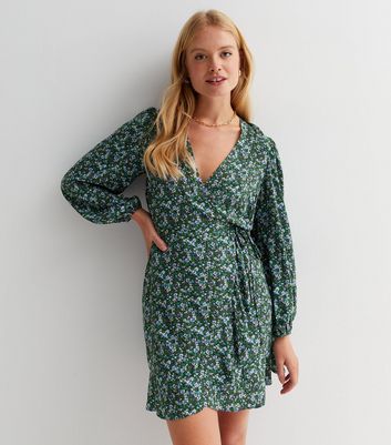 New look green floral wrap dress best sale