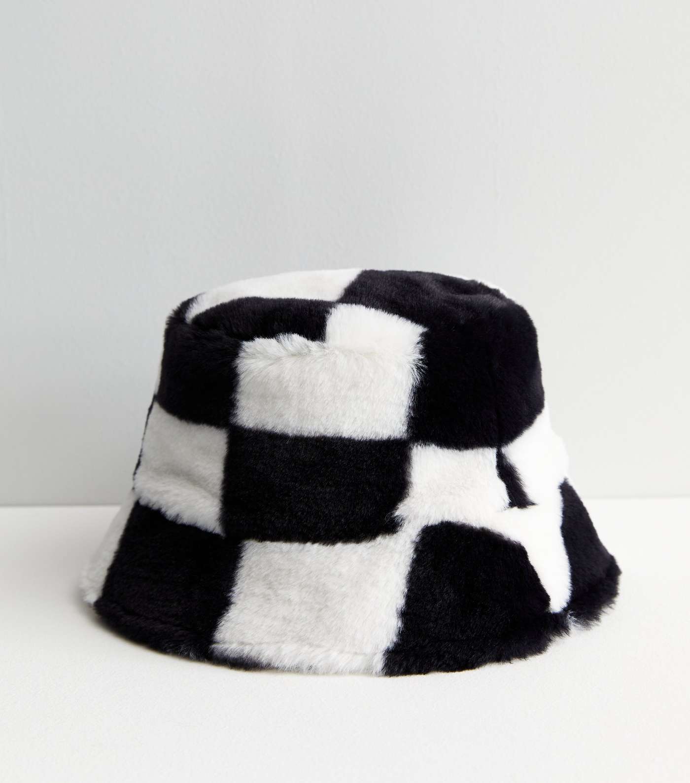 Black Check Faux Fur Bucket Hat Image 2