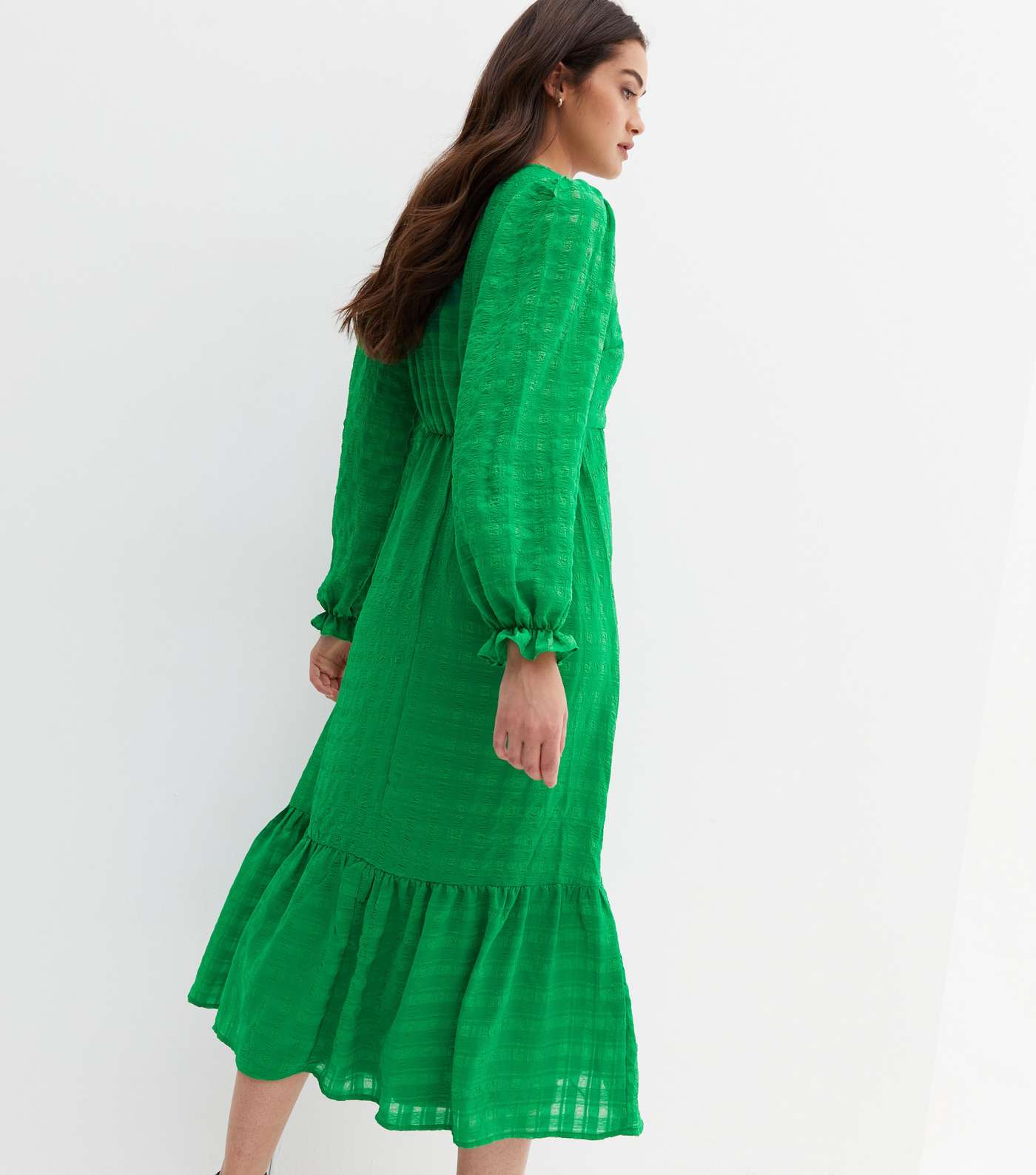 Green Check Seersucker Tiered Midi Wrap Dress Image 4