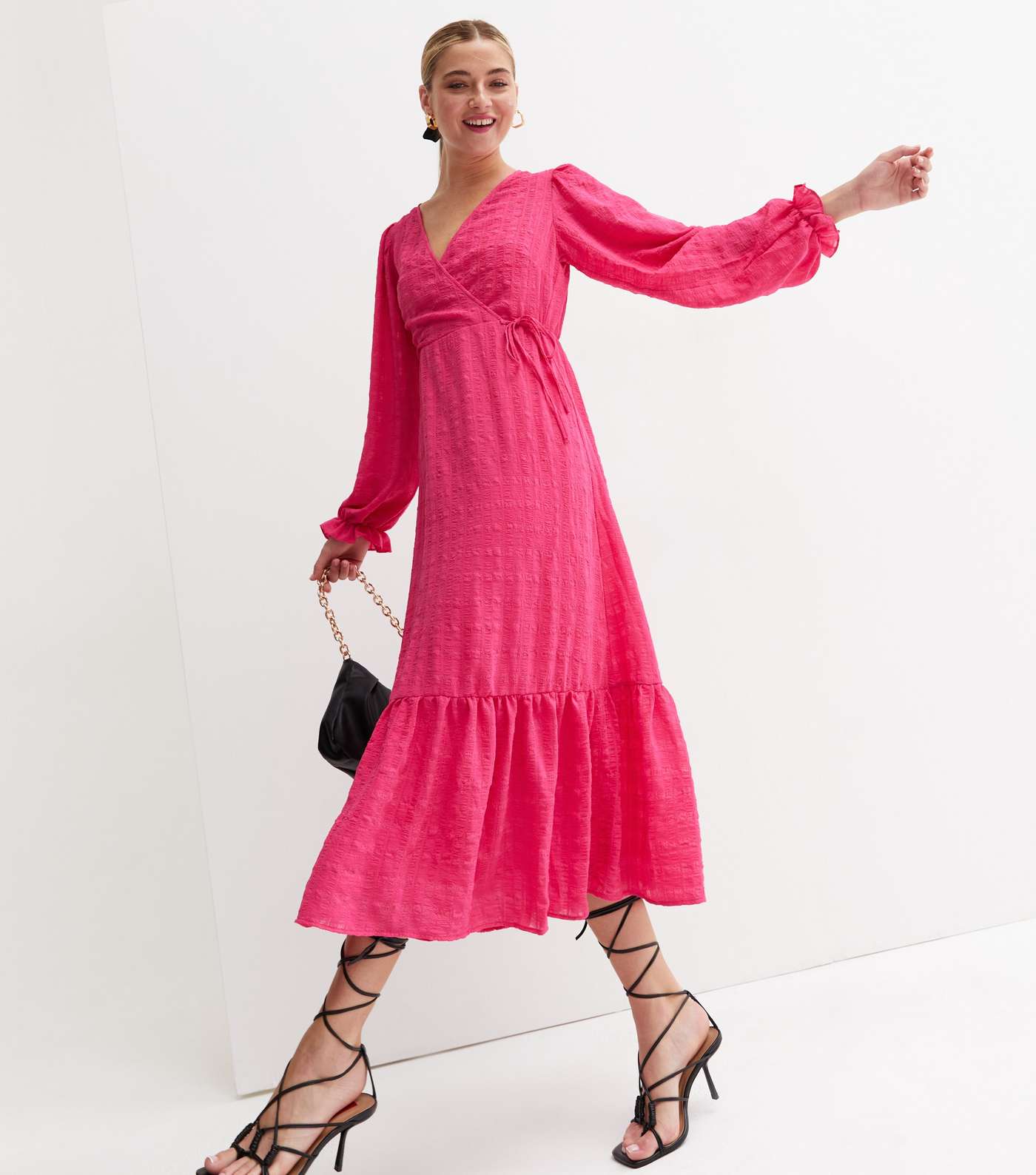 Bright Pink Check Seersucker Tiered Midi Wrap Dress