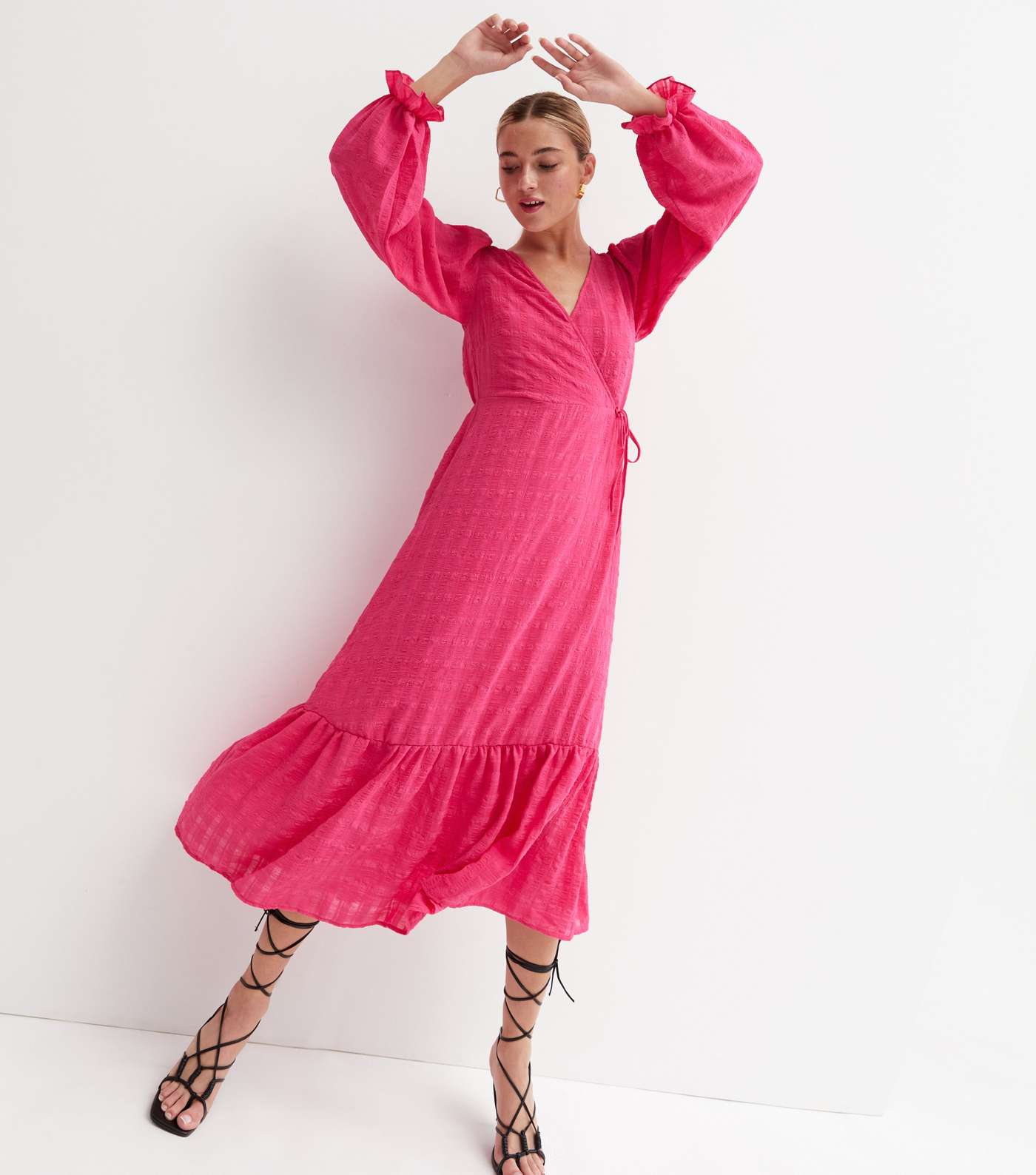 Bright Pink Check Seersucker Tiered Midi Wrap Dress Image 3