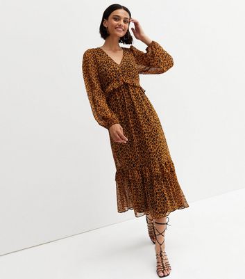 Brown Leopard Print Chiffon Frill Long Sleeve Midi Dress