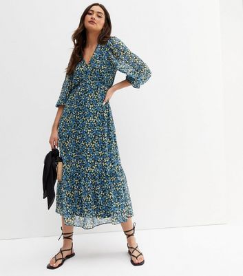 Blue Ditsy Floral Chiffon 3/4 Puff Sleeve Midi Dress