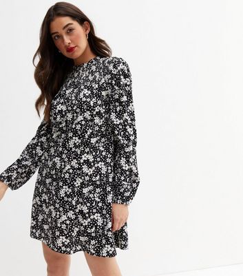 Black Floral Crepe Long Sleeve Shirred Mini Smock Dress