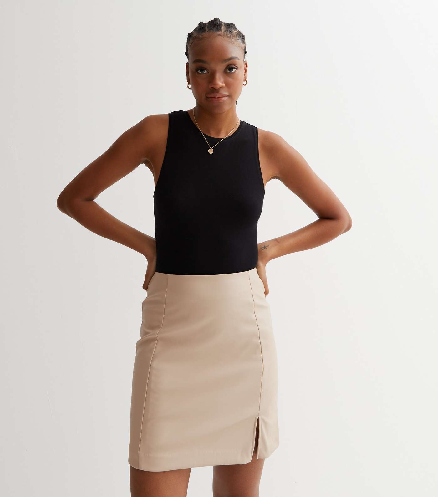 Tall Stone Leather-Look Split Hem Mini Skirt | New Look