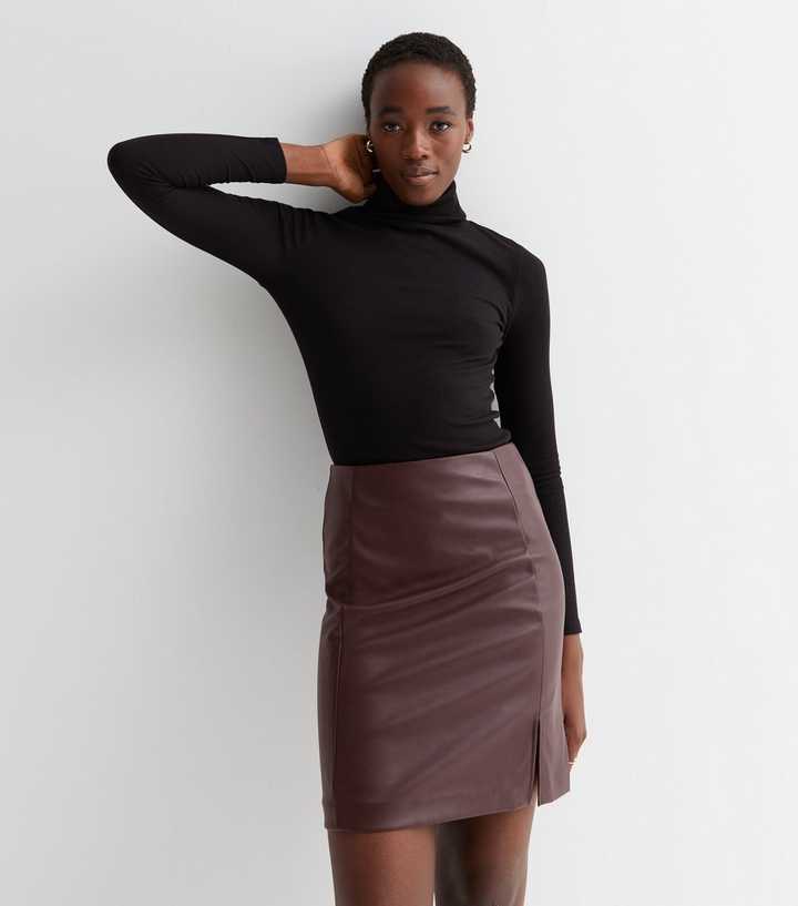 Tall Brown Leather-Look Split Hem Mini Skirt |
