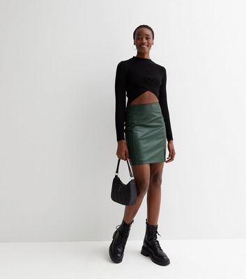 Tall Dark Green Leather Look Split Hem Mini Skirt New Look