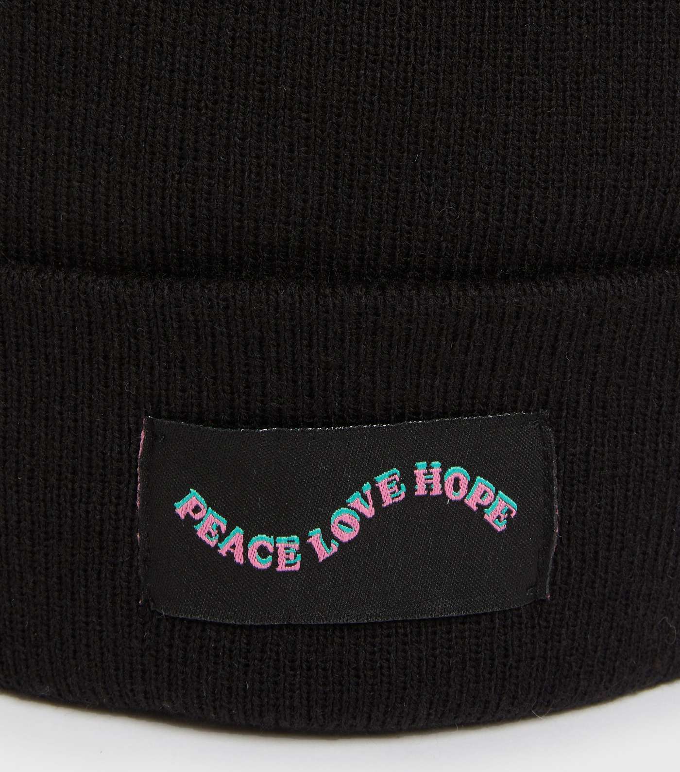 Black Knit Peace Love Hope Logo Tab Front Beanie Image 3