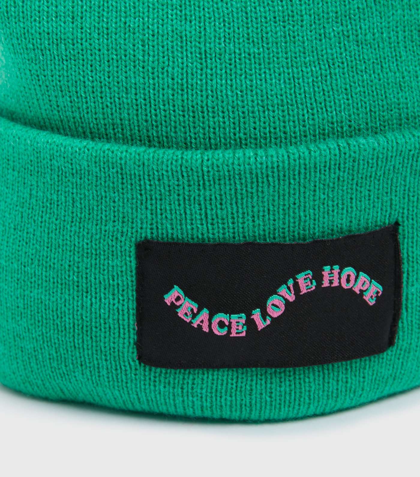 Green Knit Peace Love Hope Logo Tab Front Beanie Image 3