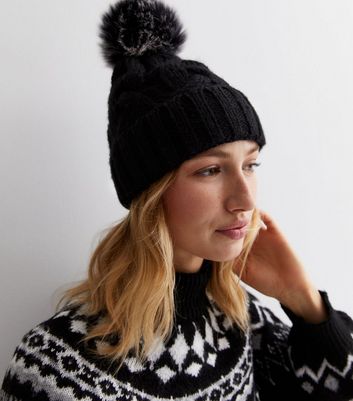 Black Cable Knit Faux Fur Pom Pom Bobble Hat