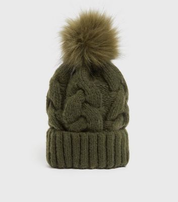 khaki fur bobble hat