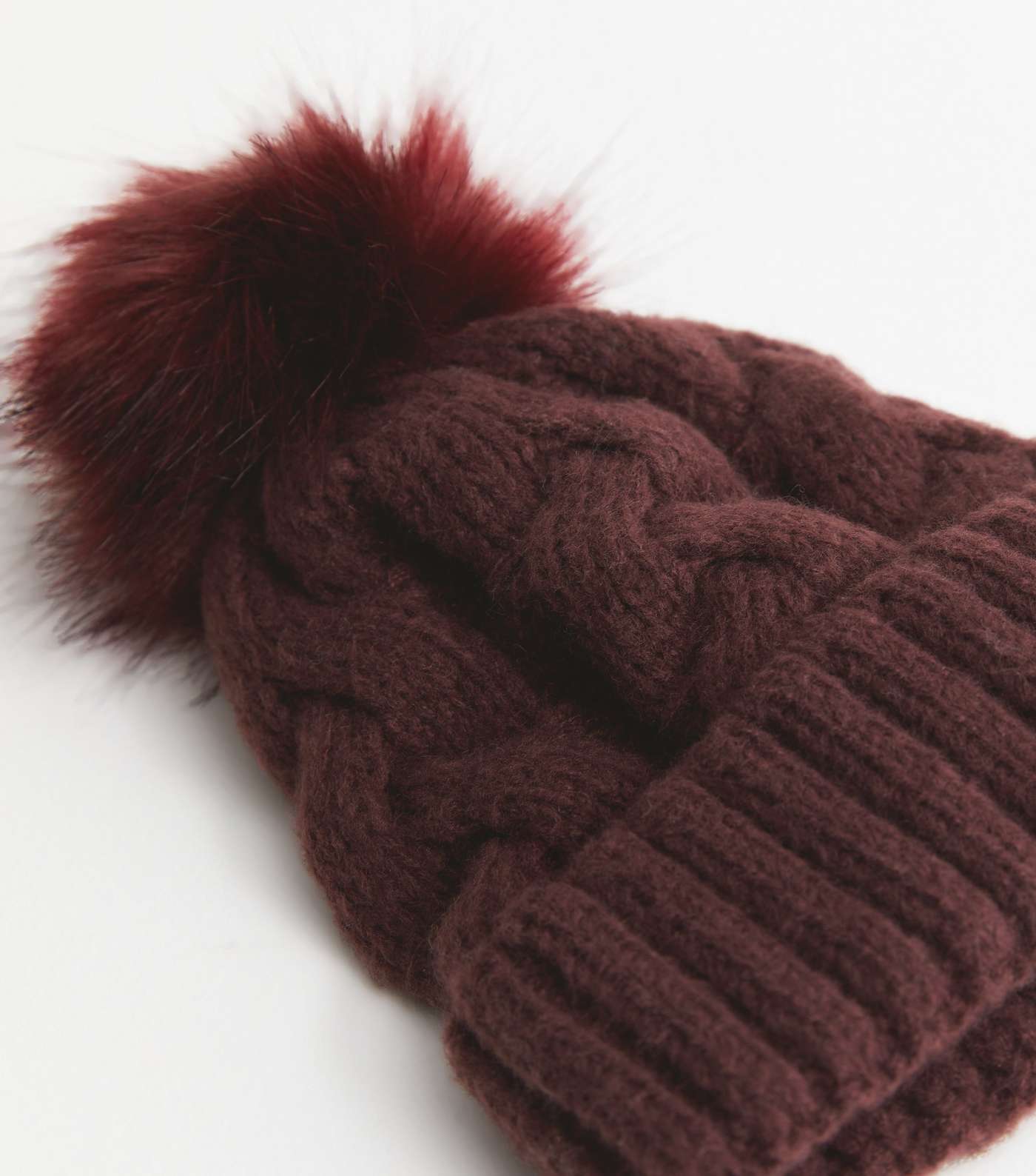 Dark Purple Cable Knit Faux Fur Pom Pom Bobble Hat Image 3