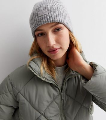 Pale Grey Ribbed Knit Tab Front Beanie