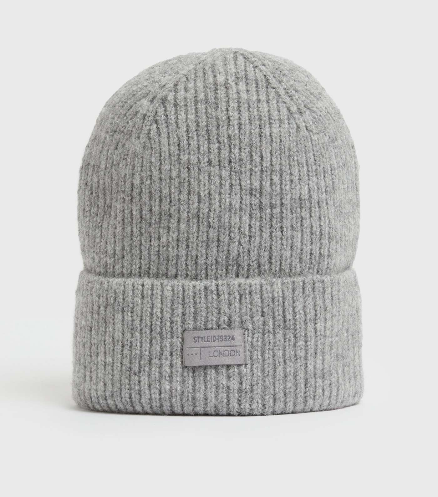 Pale Grey Ribbed Knit Tab Front Beanie Image 2