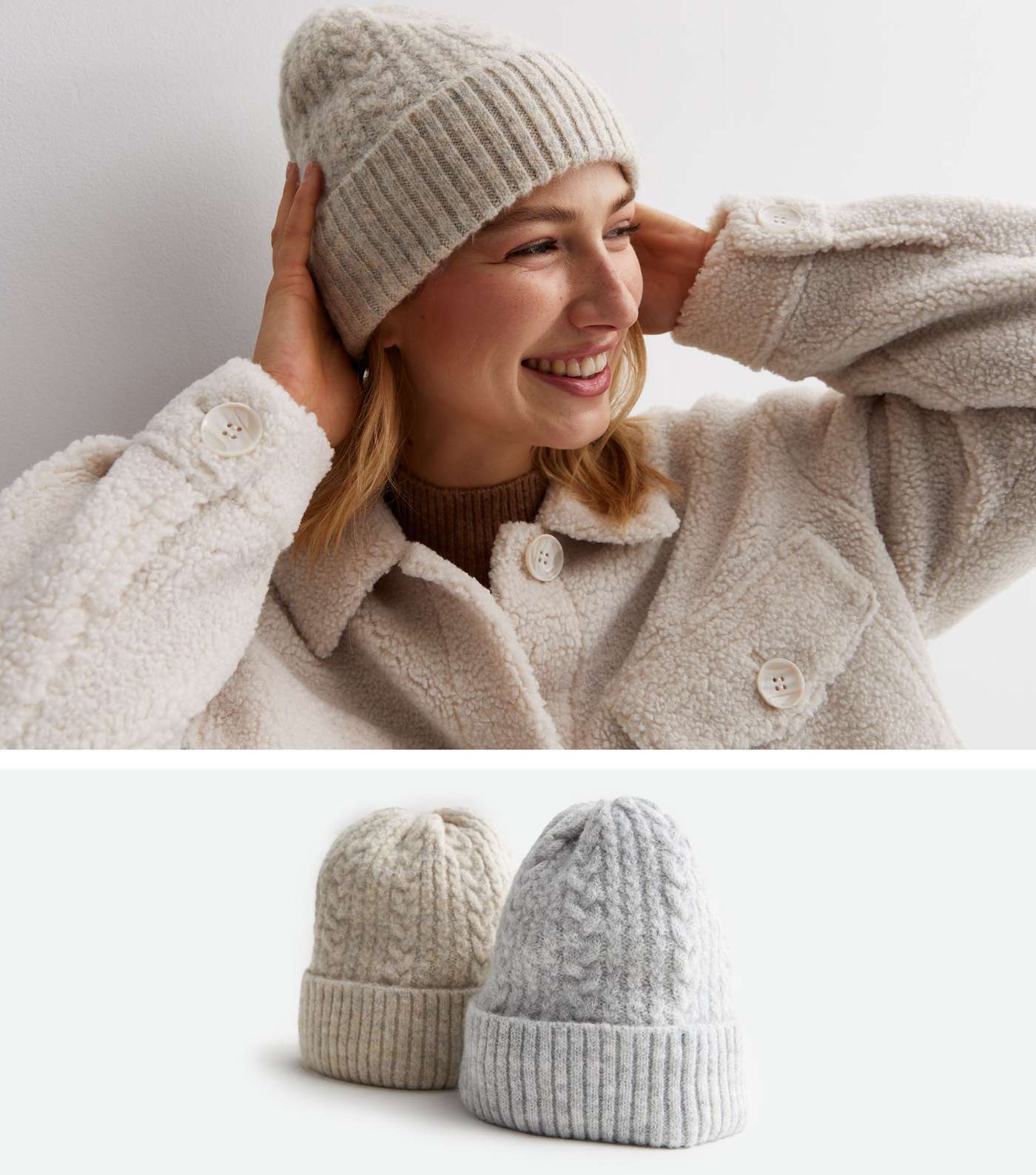 2 Pack Off White and Grey Cable Knit Beanies