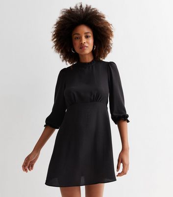 Black High Neck Tie Back Frill Mini Dress