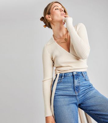 Urban Bliss Cream Ribbed Knit Collared Wrap Cardigan | New Look