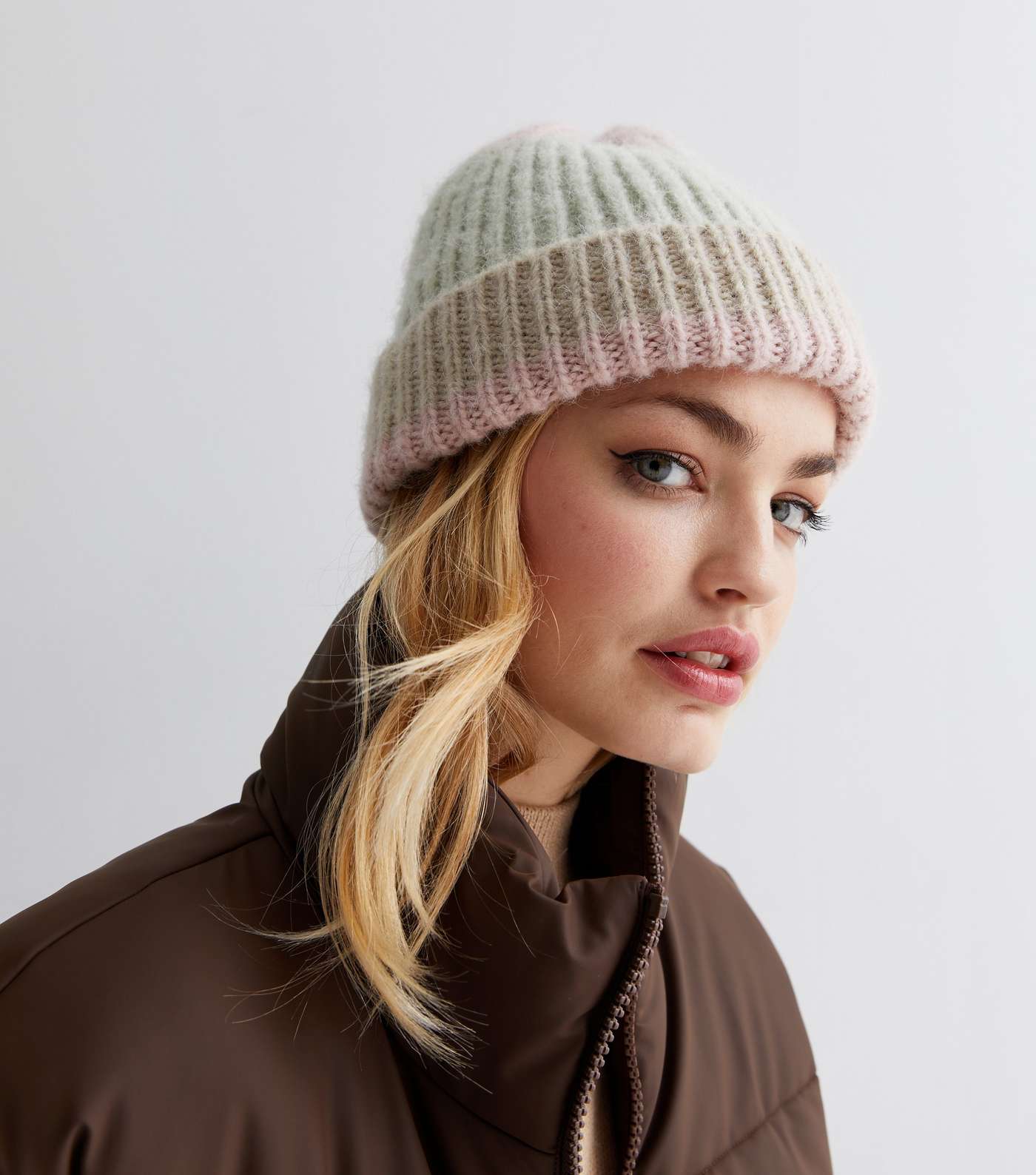 Pink Colour Block Ribbed Beanie