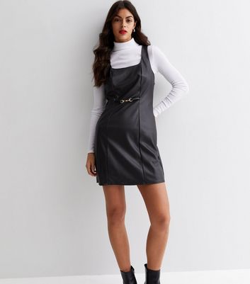 Black Leather-Look Square Neck Pinafore Dress