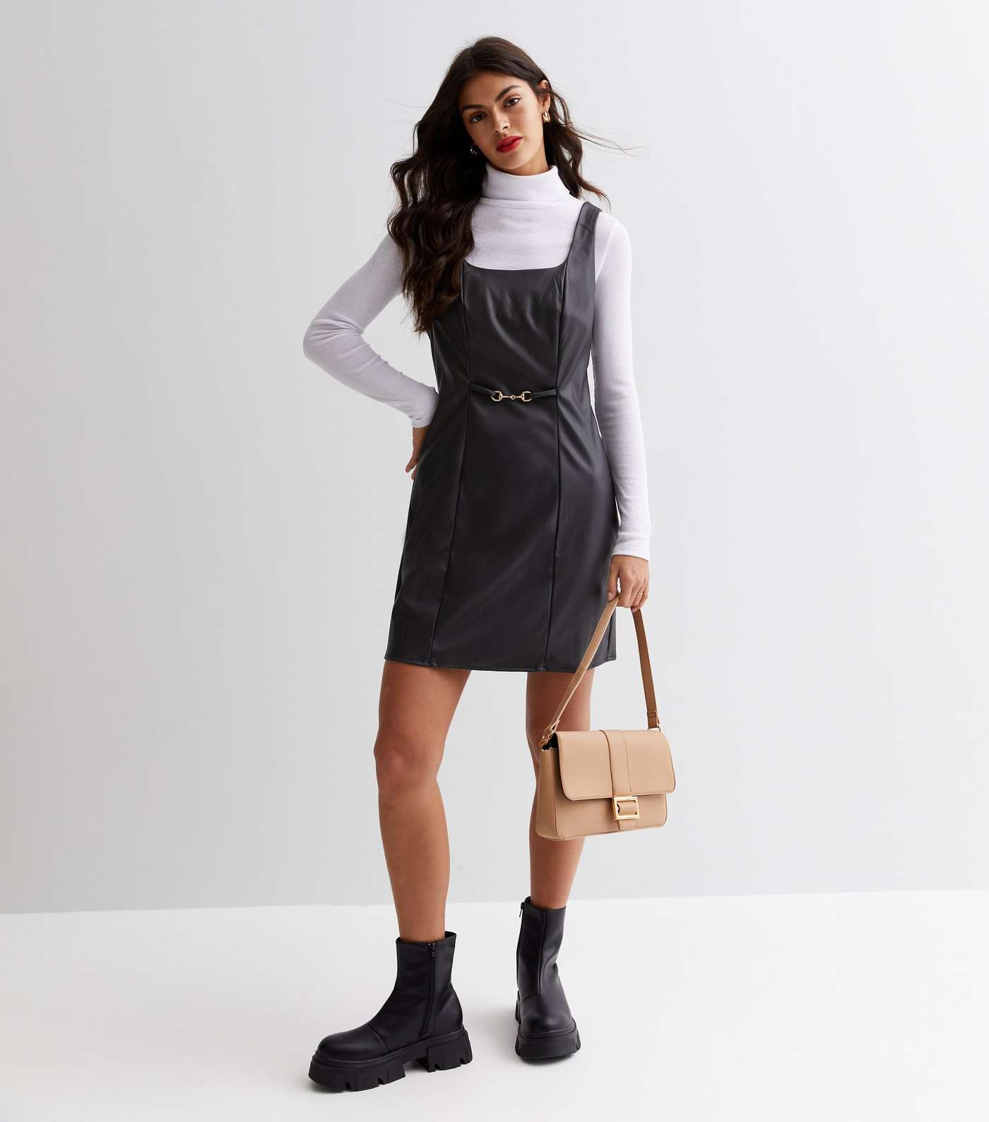 Black Leather-Look Square Neck Pinafore Dress Image 2