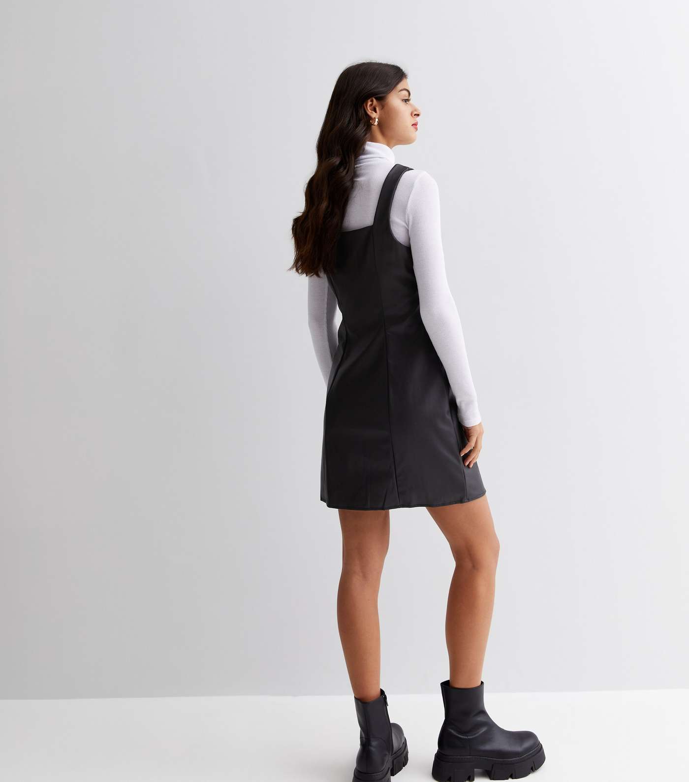 Black Leather-Look Square Neck Pinafore Dress Image 4