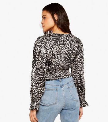 Apricot Black Leaf Leopard Print Satin Shirred Crop Top New Look