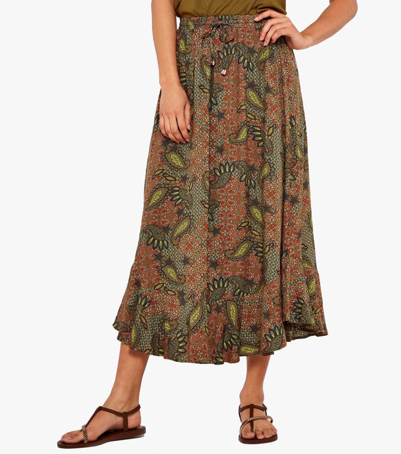 Apricot Khaki Paisley High Waist Midi Skirt Image 2