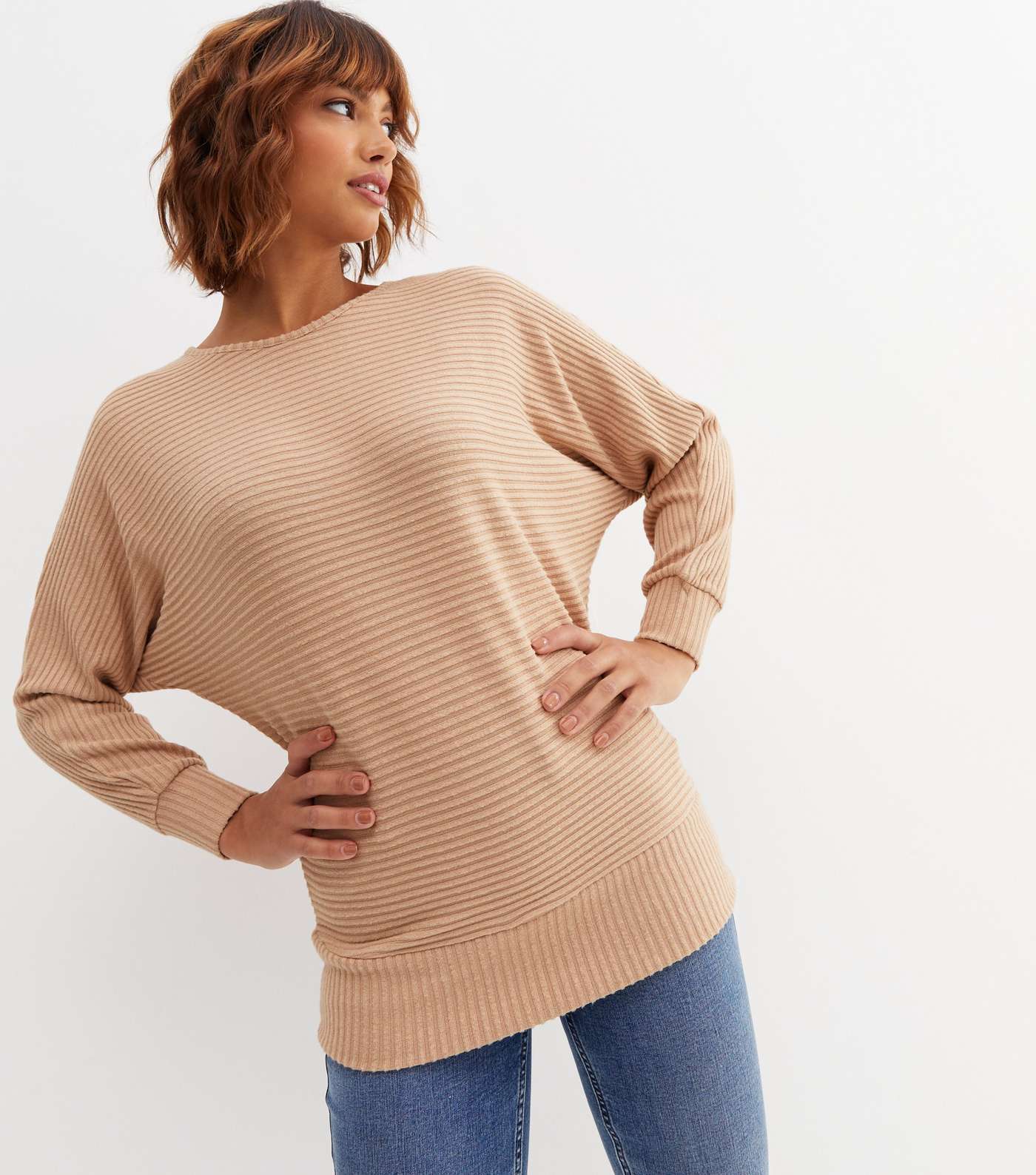 Camel Ribbed Fine Knit Batwing Top