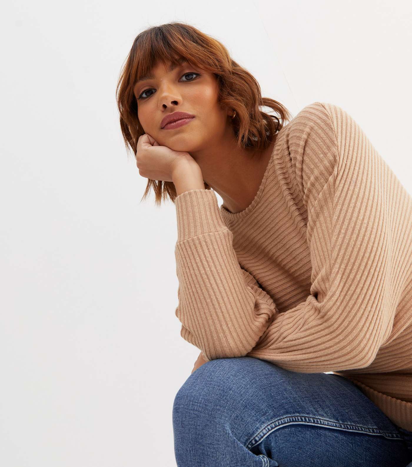 Camel Ribbed Fine Knit Batwing Top Image 3
