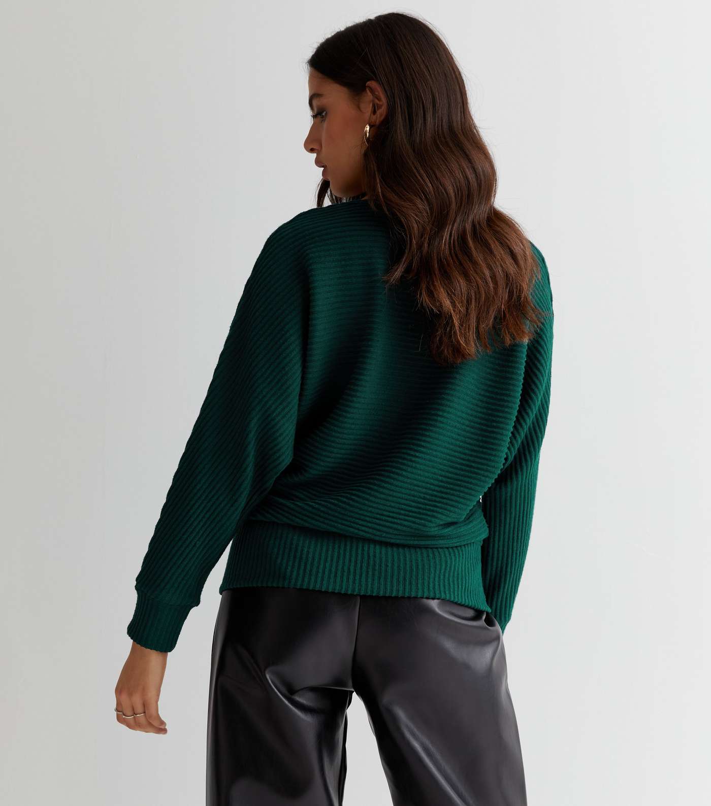 Dark Green Ribbed Fine Knit Batwing Top Image 4
