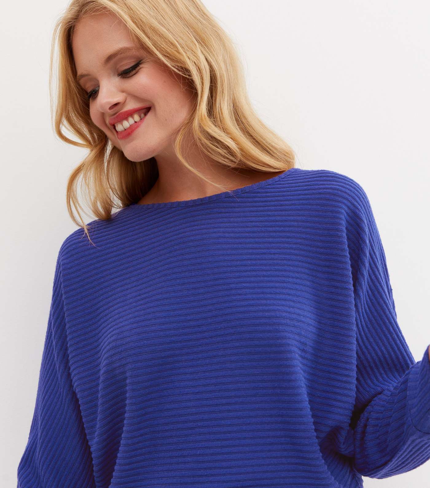 Bright Blue Ribbed Fine Knit Batwing Top Image 3