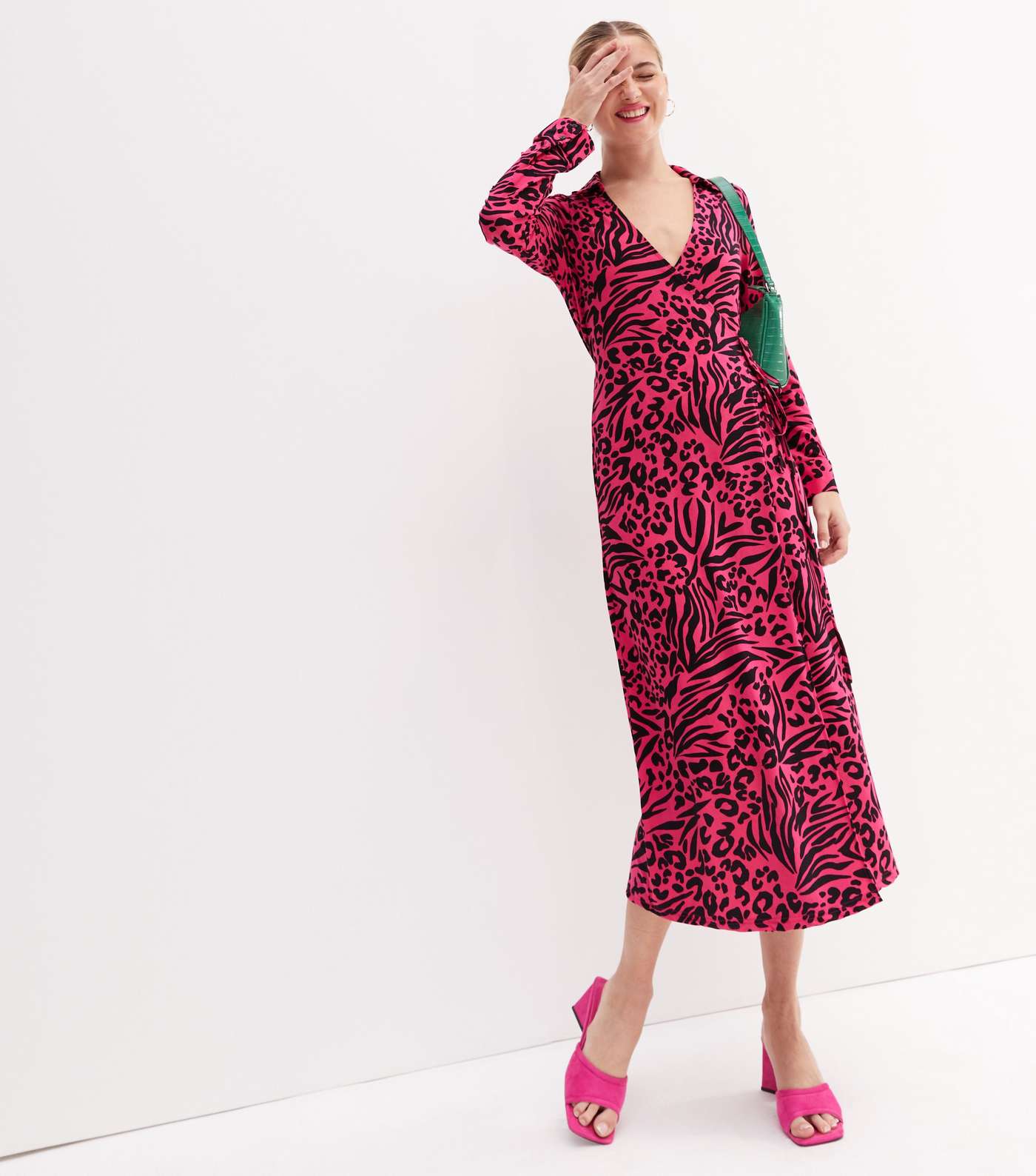 Pink Animal Print Collared Midi Wrap Dress